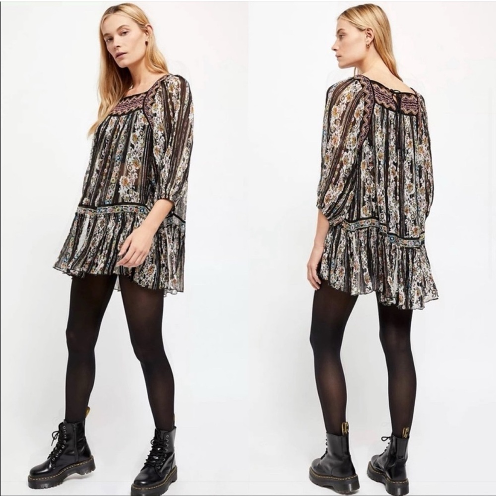 Free People‎ Dance Magic Embroidered 3/4 Sleeve Tunic Metallic Black Combo